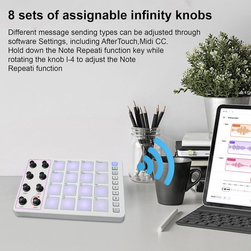 summina MIDI Controller Strike Pad Midi Drum Pad RGB Backlight MIDI Keyboard BT Connection Low Latency 16 Strike Pads 8 Assignable Knobs Note Repeat Portable MIDI Pad Controlador Midi - Image 2